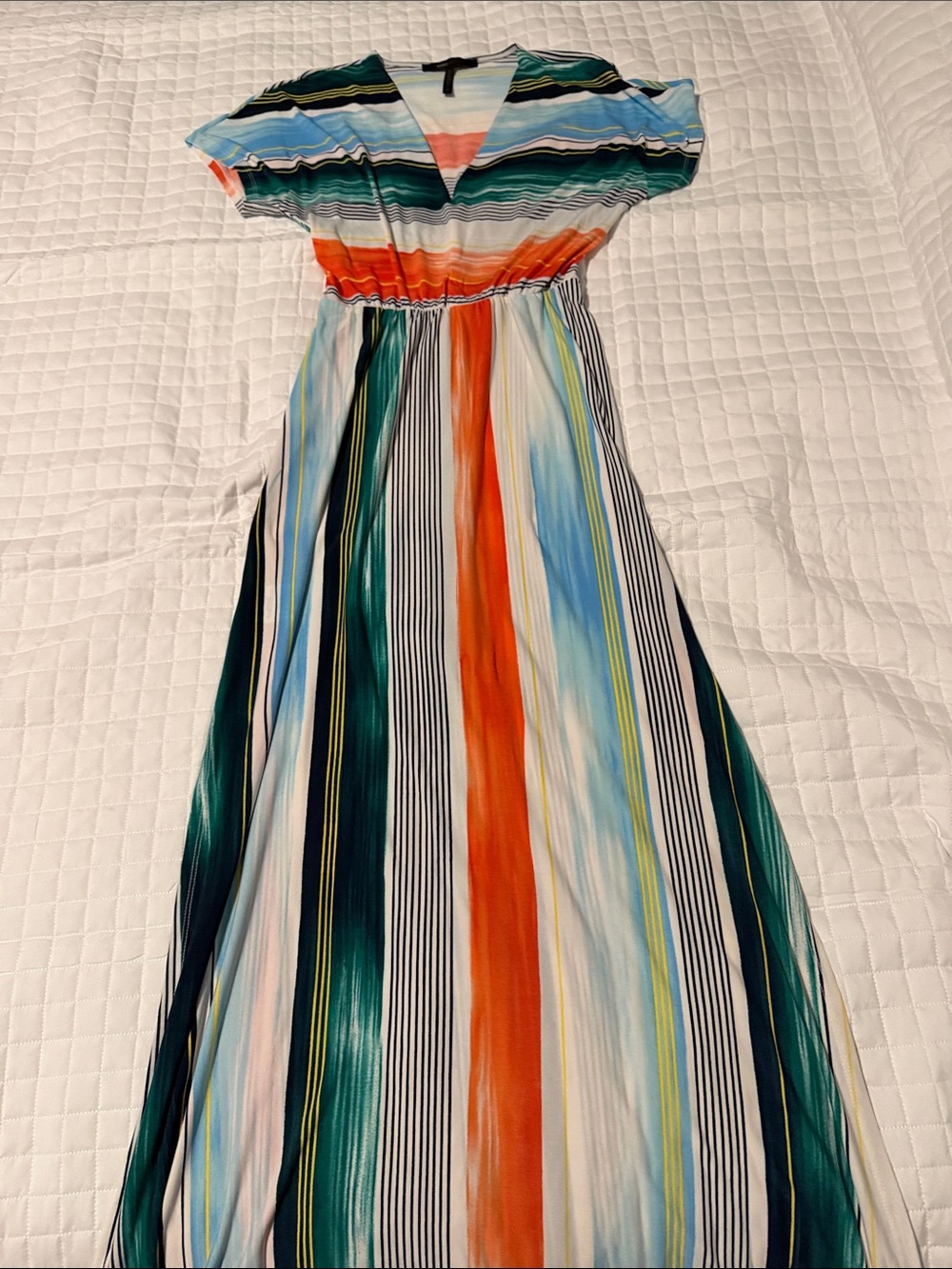 BCBGMaxAzria Teal, Orange, Blue & Black Striped V-Neck Maxi Dress